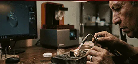 Joyero trabajando junto a la impresora 3D del taller